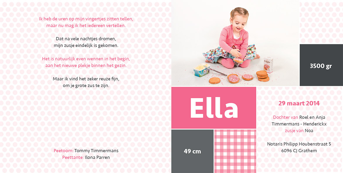 De binnenkant van het geboortekaartje voor Ella