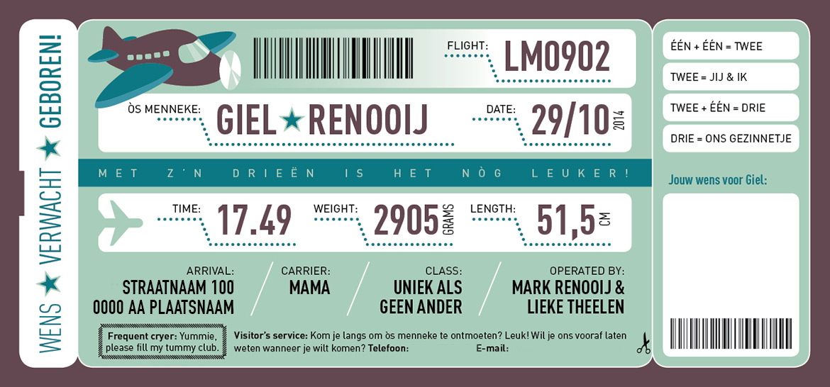 De achterkant van het boarding pass geboortekaartje van Giel