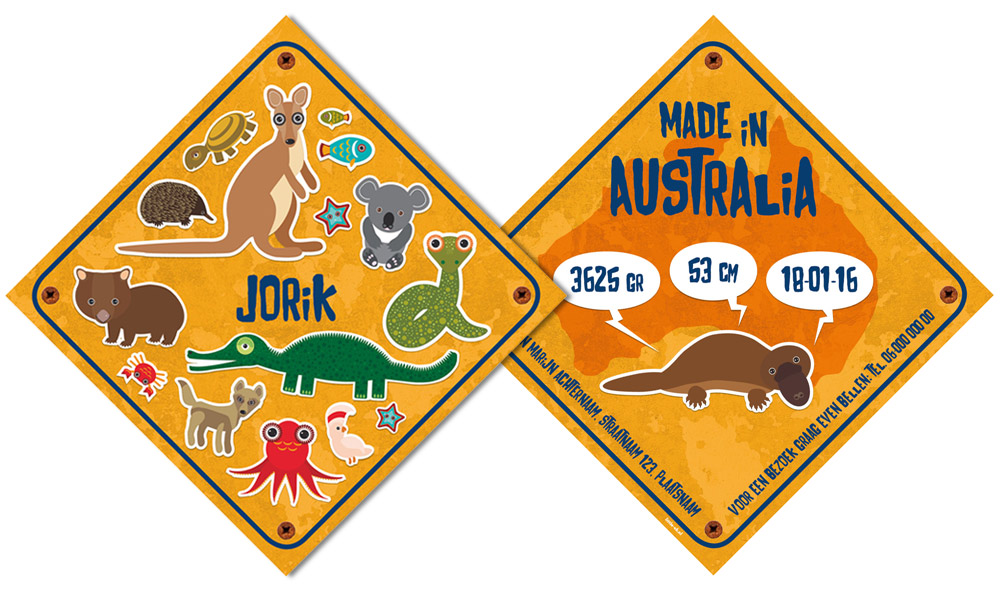 Geboortekaartje dieren Australie collage voor en achterkant