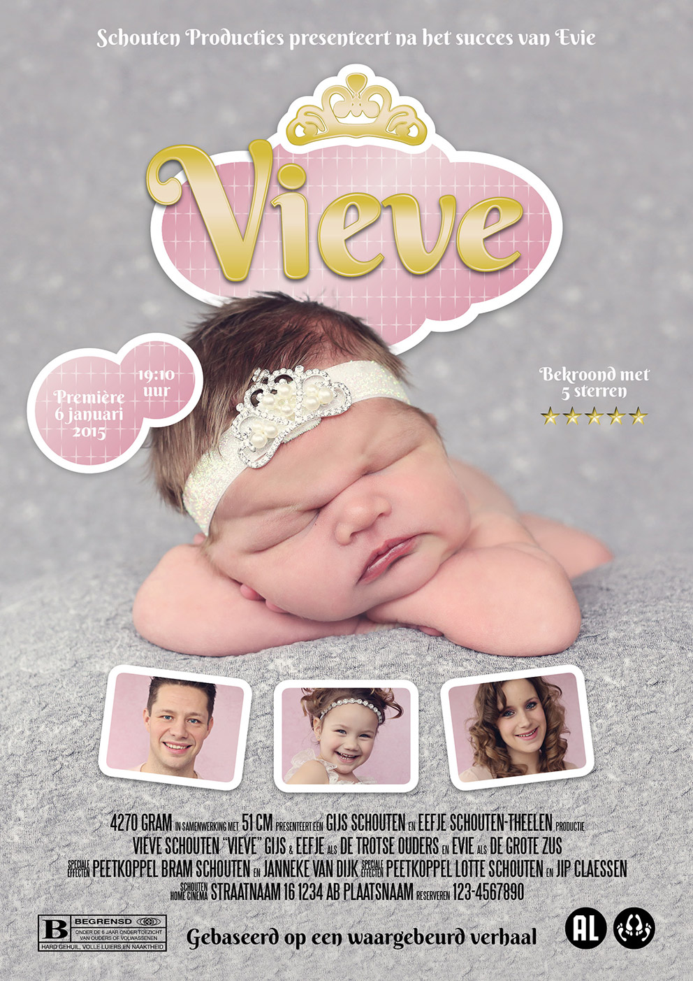 Bijzonder geboortekaartje in de vorm van een filmposter voor Vieve