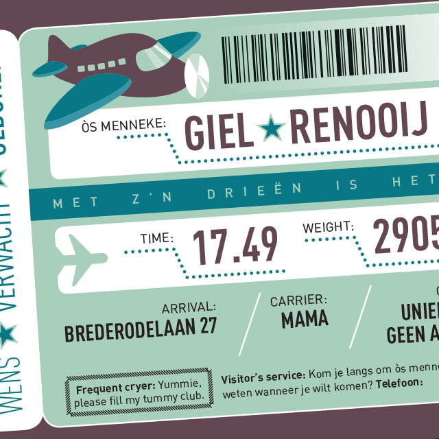 Het geboortekaarte voor Giel is gemaakt in de vorm van een boarding pass of vliegticket
