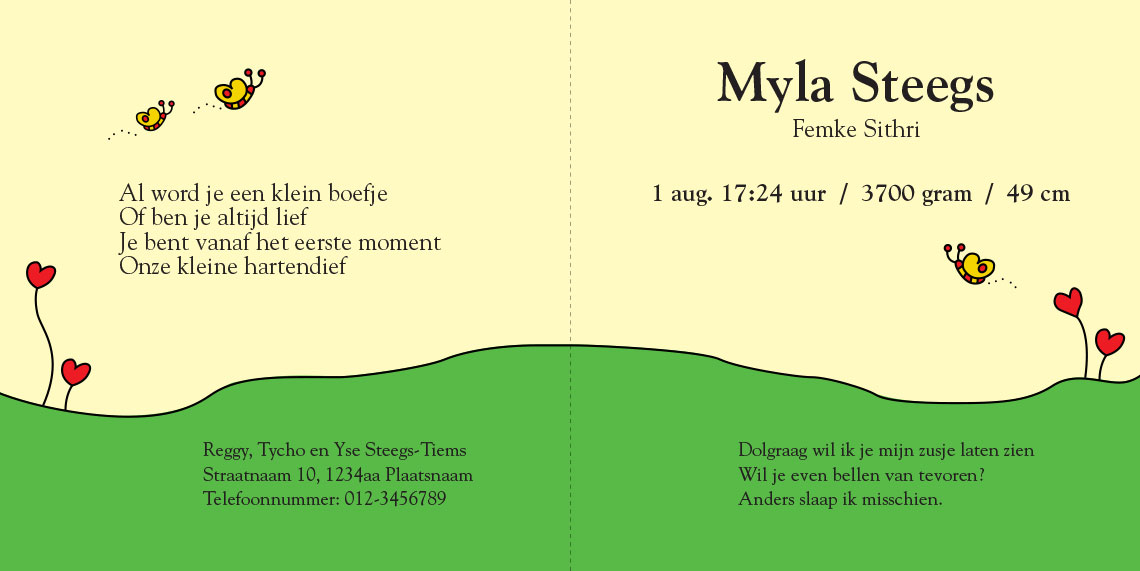 De binnenkant van dit vrolijk geboortekaartje van Myla