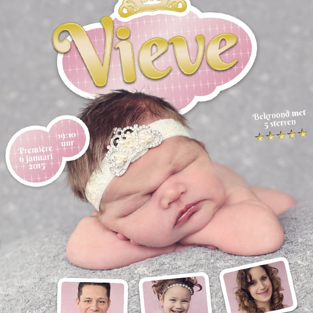 Dit bijzonder geboortekaartje van Vieve is opgemaakt als een filmposter van een prinsessenfilm