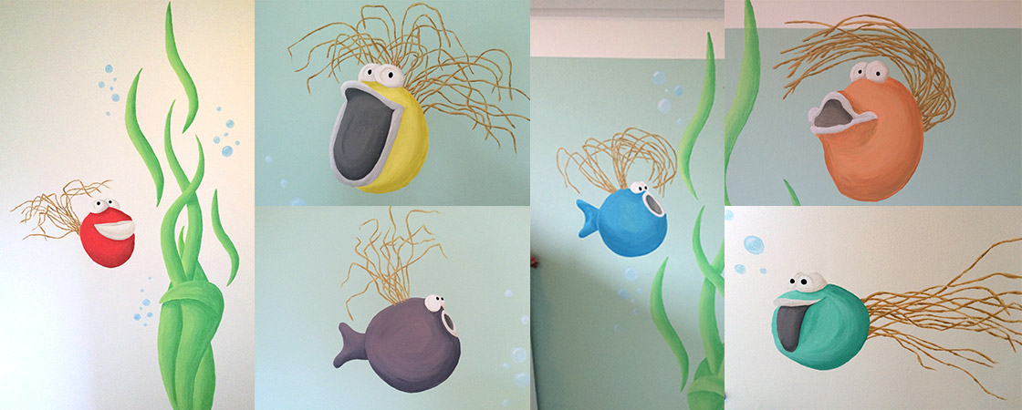 Muurschildering aquarium met visjes op de babykamer
